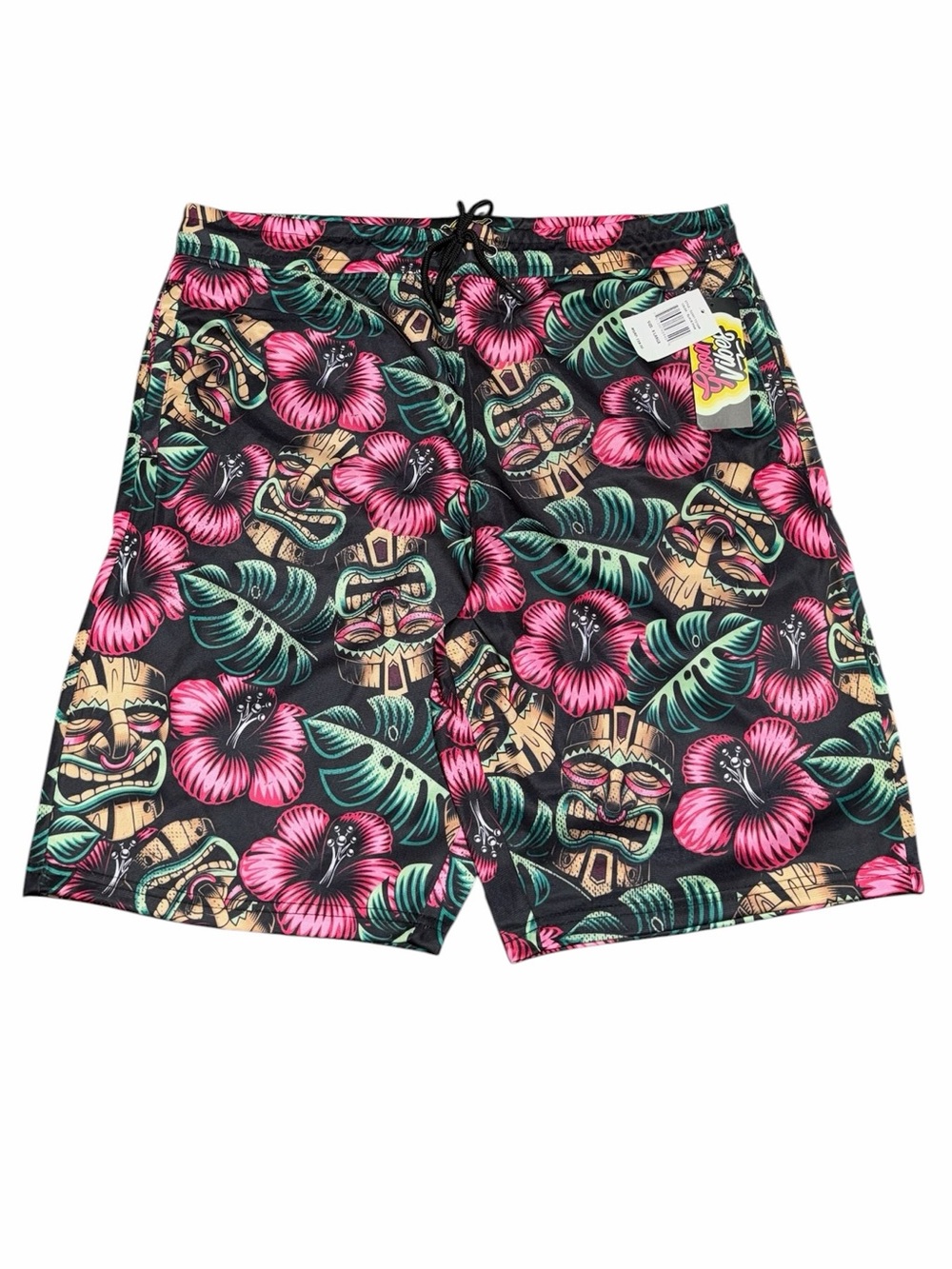 NWT Men's Tropical Print Swim Trunks - Black with Pink Hibiscus